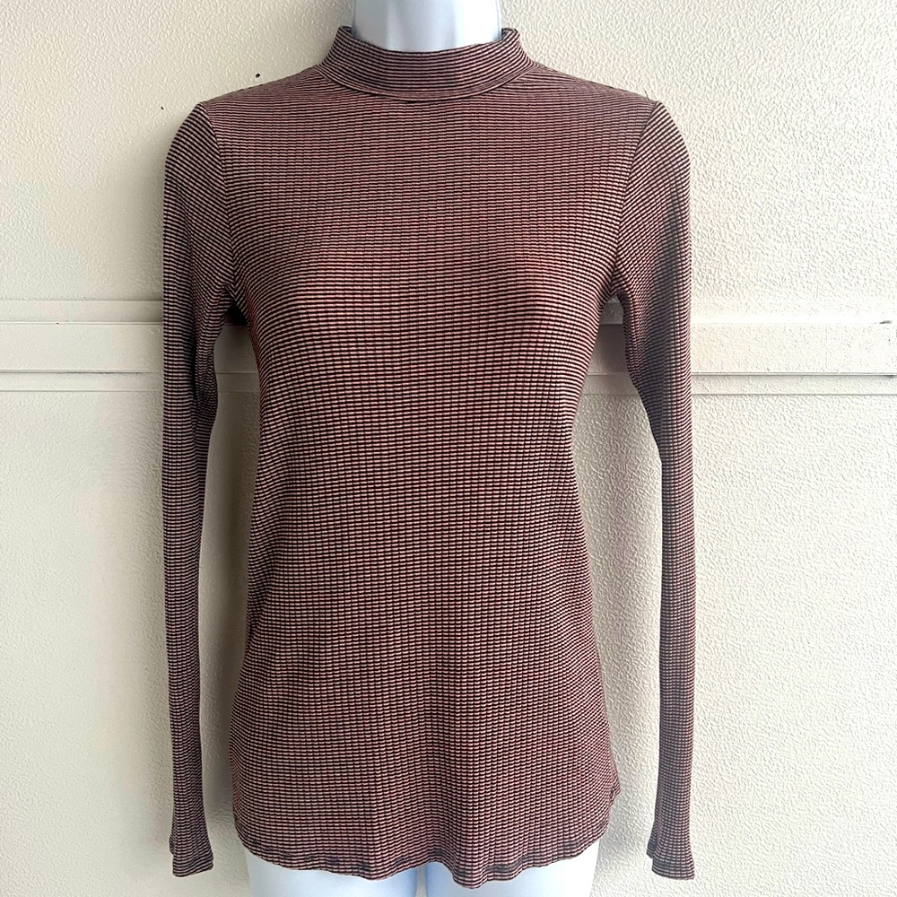 Anthropologie Postcard Striped Mock Neck Turtleneck Lightweight Top XS Pink/blk